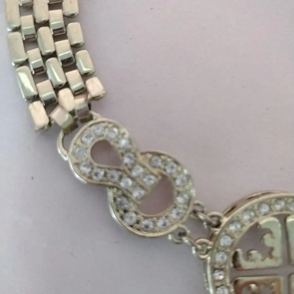 Necklace Gold Tone Rhinestone Cross Medallion Collar Statement Box Clasp Womens